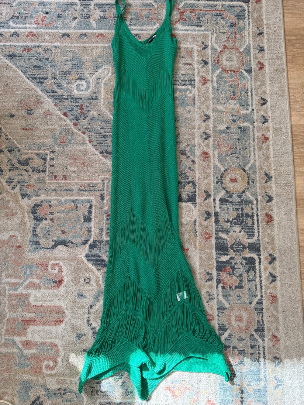 Fashion Nova Emerald Green V-Neck Fringe Knit Dress